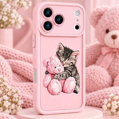 1 st rosa katt- och teddybjörnsmönstrat mobilskal, sött kattunge- och rosa plymdocksmönster, skyddande skal i söt flickig stil, stötsäkert mobilskal k (Multi-size)