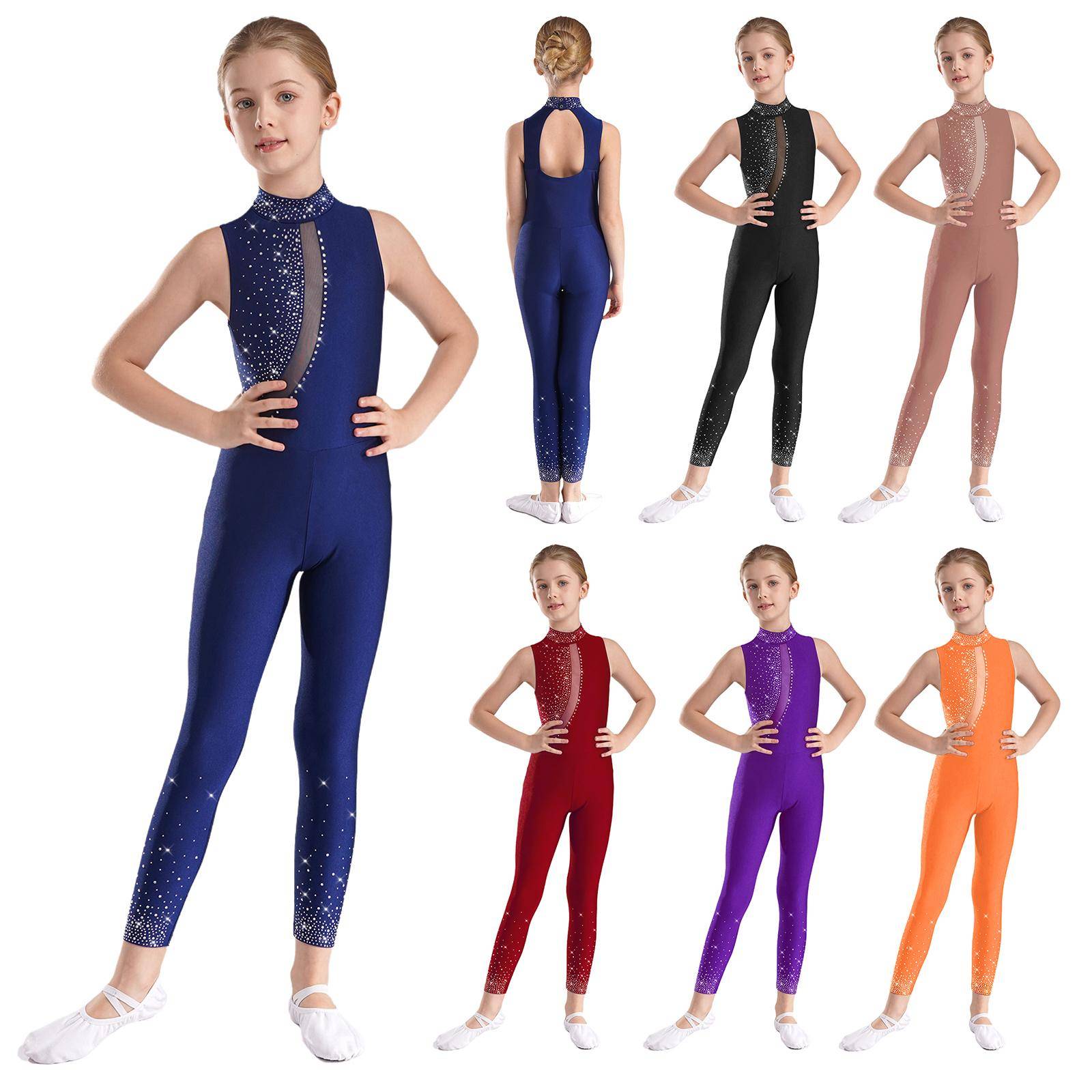 Barn Flickor Genomskinlig Nätbody med Strass Ärmlös Gymnastikdräkt med Utskuren Ryggdesign för Konståkning Dans cm orange