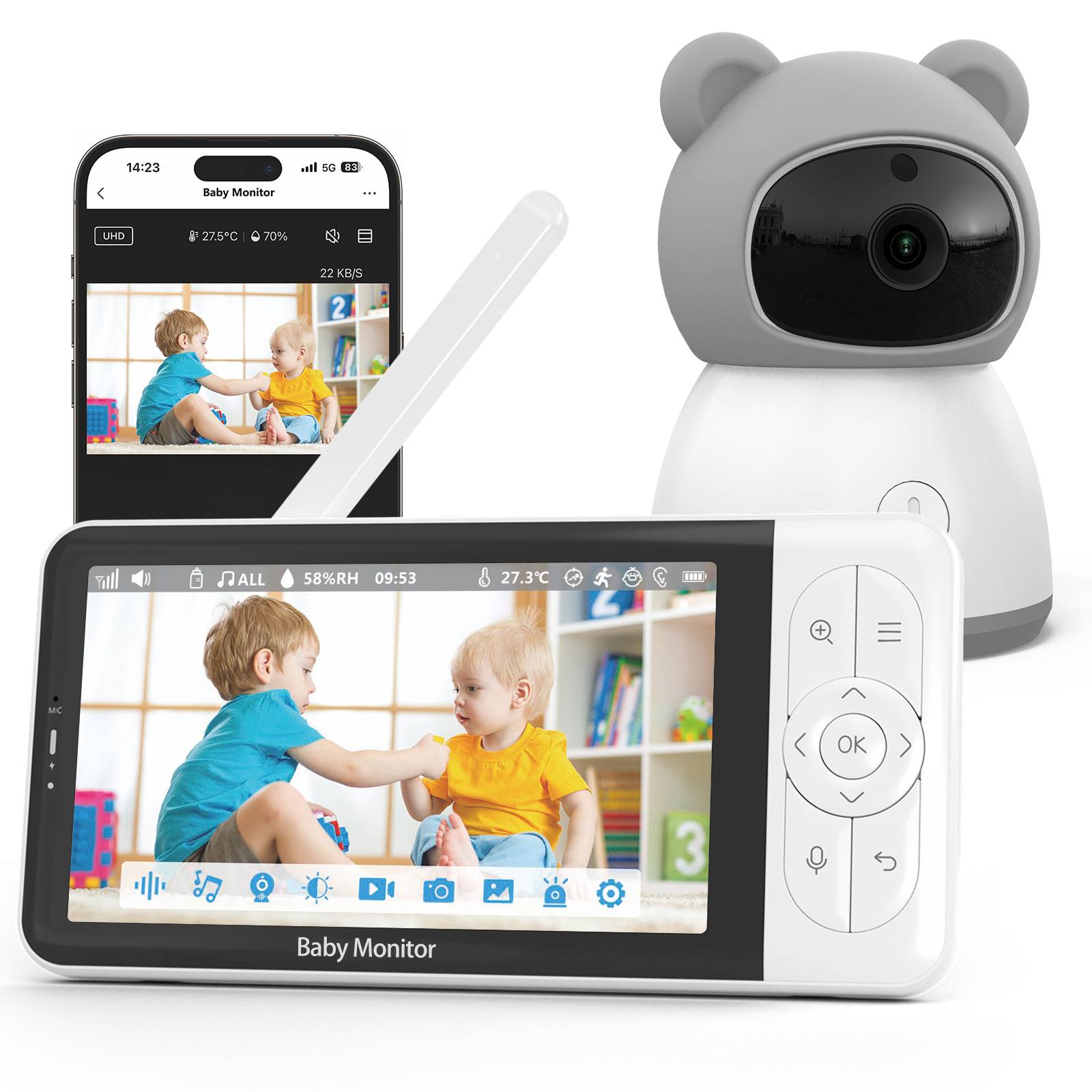 Tuya Smart Baby Monitors 2K camera  5"1080P Display Temperature Detection APP View Control Baby Nanny 2-Way Audio Baby Cam