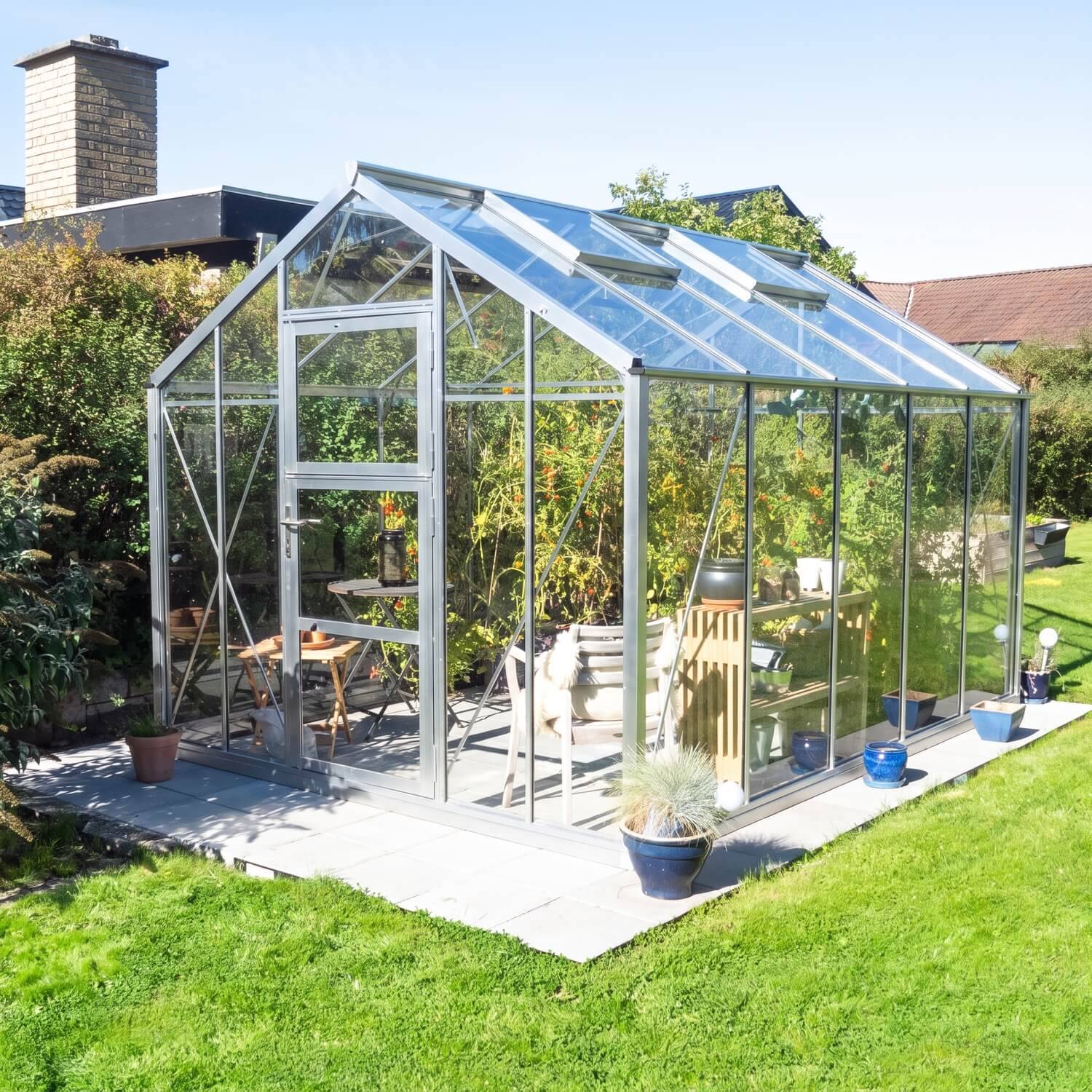 Drivhus Deluxe 10.5 M² - Ubehandlet aluminium / 4 mm. hærdet helbaneglas komplet