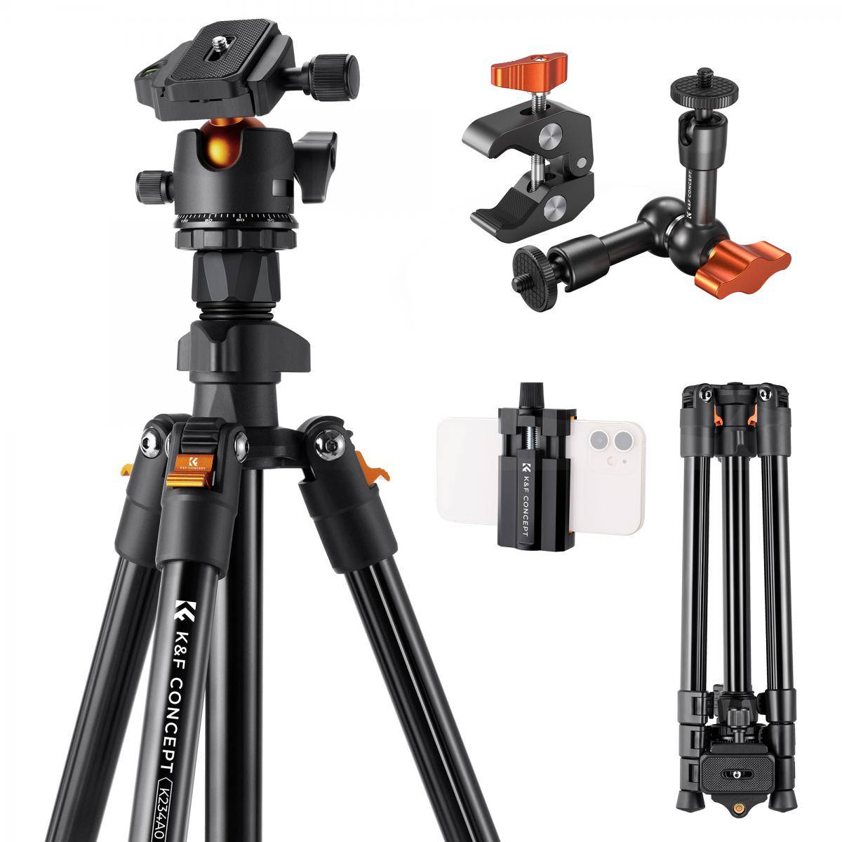 KENTFAITH 64"/1.6m Camera Tripod Lightweight Vlog Travel Tripod Compact Flexible & Portable 17.6lbs/8kg Load with Portable, for DSLR Cameras O234A1+BH-36 and 6" Magic Arm with Super Clamp