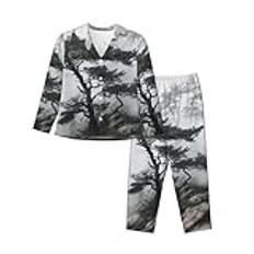 HJRT Dam pyjamasset button down pyjamas dimmigt berg tall långärmade nattkläder med ficka nattkläder lounge-set, Svart, L