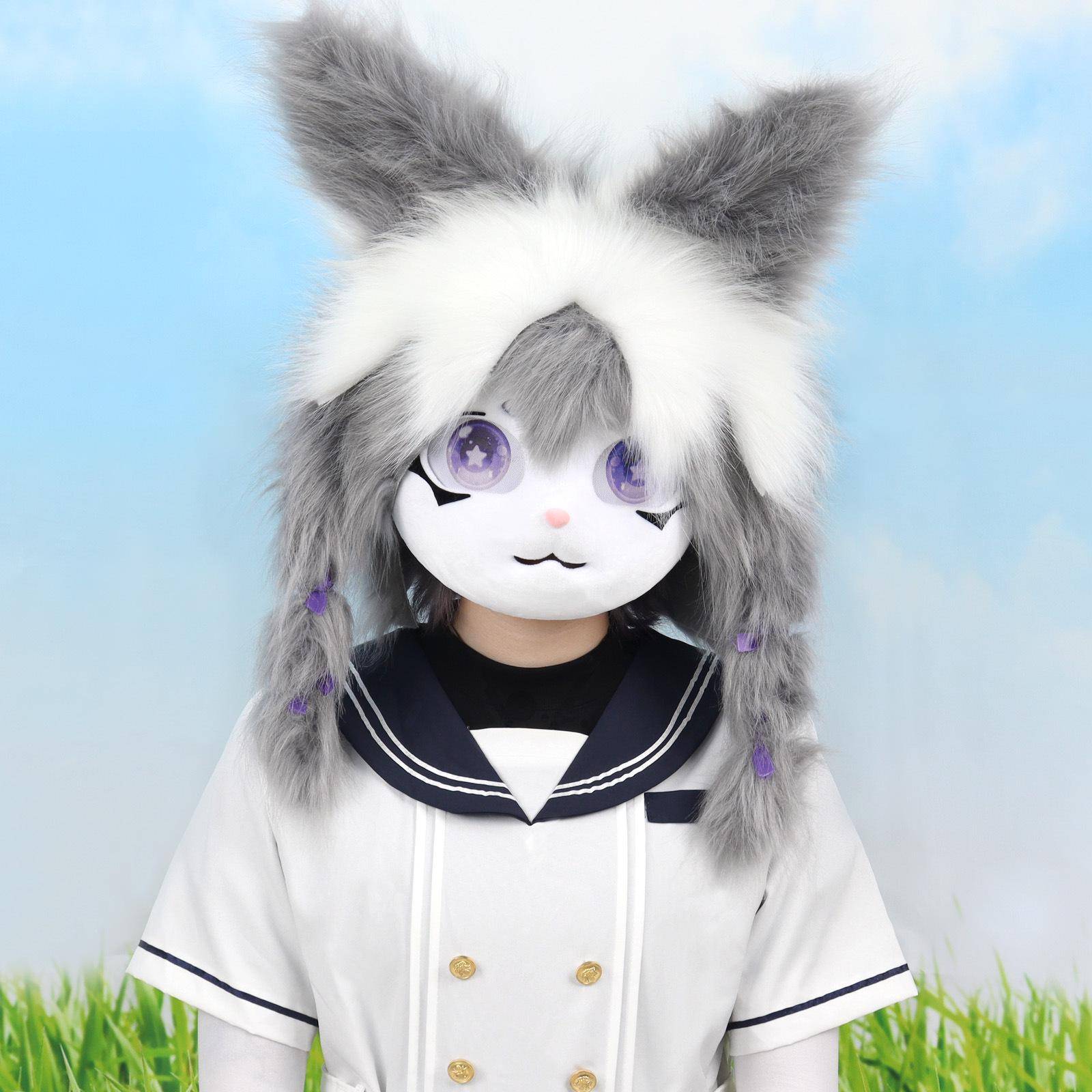 Ny kaninkemonodräkt: Söt Pälskling Lolita Cosplay med Öron vit/blå