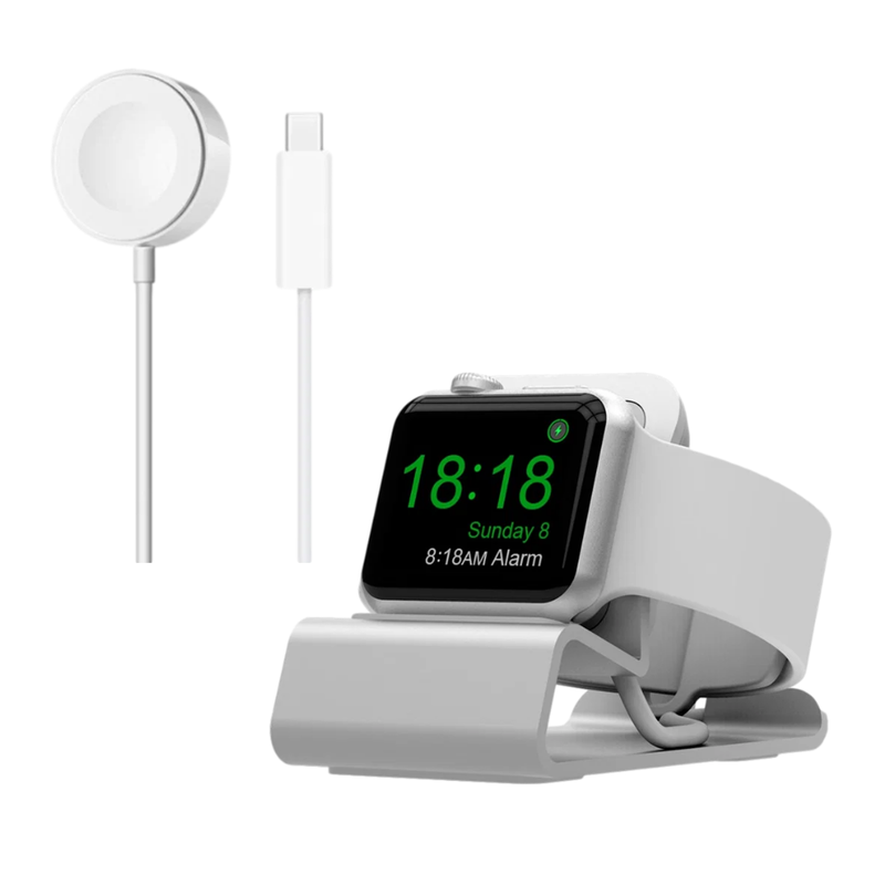Apple Watch oplader og holder pakke – aluminium stand og magnetisk USB-C opladekabel.