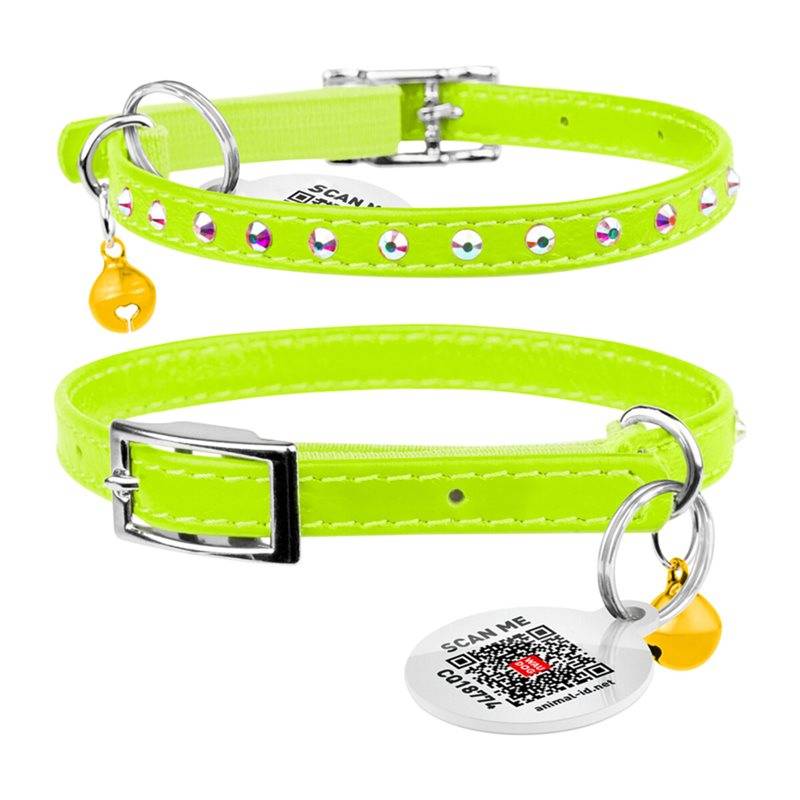 Katthalsband Läder Glamour Strass Lime