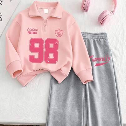 2-delars set för flickor, inkluderar casual mönstrad sweatshirt med halvdragkedja och minimalistiska vida byxor, lämpligt för höst/vinter, semester oc - Rosa (6Y,7Y,8Y,9Y,10Y,4Y,5Y,11Y,12Y)