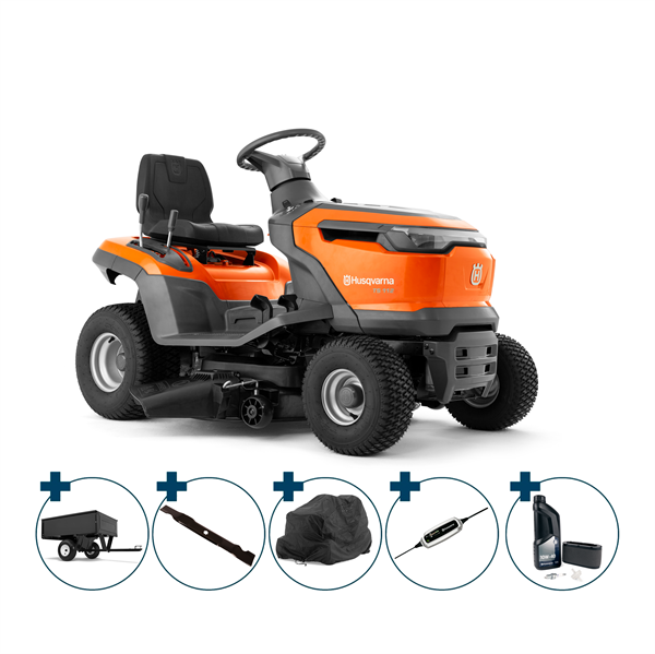 Husqvarna TS 112 Havetraktor - 95 cm klippebredde inkl. fri levering, montering og klargøring + overtræk, batterilader, servicekit, ekstra knivsæt og trailer.