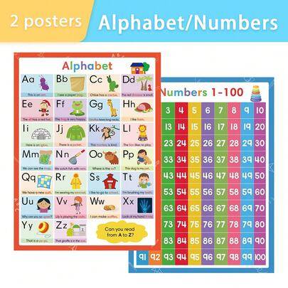 2 st affischset med alfabet och siffror för inlärning, engelska hemskoleartiklar, pedagogisk affisch, resurser för hemma- och klassrum, pedagogiska le - Multifärgad (MA4-065 Posters med alfabetet och siffror)