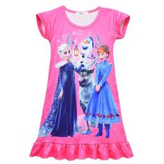 Pigebørn Frozen Elsa Anna Trykt Natkjole Korte Ærmer Pyjamas Kjole Nattøj Rose Red 5-6 Years
