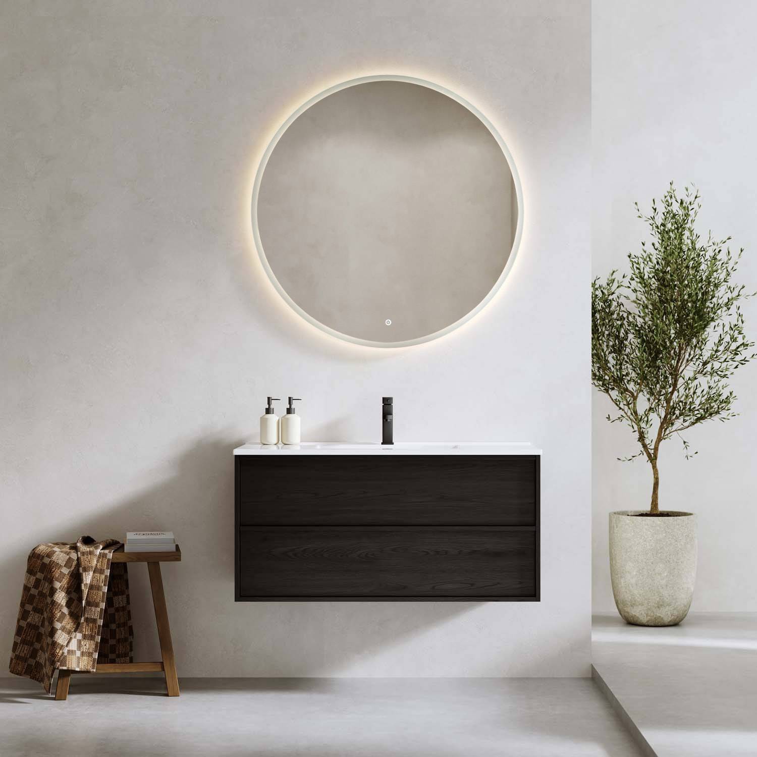Bathlife Charm 1000 vaskeskab sort eg med håndvask og Skina spejl.