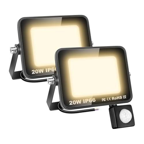 Willpower 2 st utomhus LED-spotlights, 20 W, 2 000 LM med rörelsesensor, LED-spotlight, 3 500K, varmvit, IP66, vattentät utomhusbelysning, LED-säkerhetsljus för trädgård, uteplats, garage