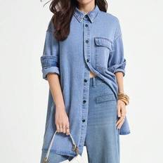 Damer Casual Lös Blå Lång jeansskjorta - Ljustvätt (L,M,S,XL,XS)