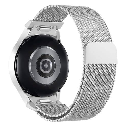 Astorgos One Click Magnetic Straps Compatible with Samsung Galaxy Watch 7 FE 6 5 4 40mm 44mm/6 Classic 43mm 47mm/5 Pro 45mm/4 Classic 42mm 46mm, No Gap Mesh Metal Stainless Steel Band, Silver