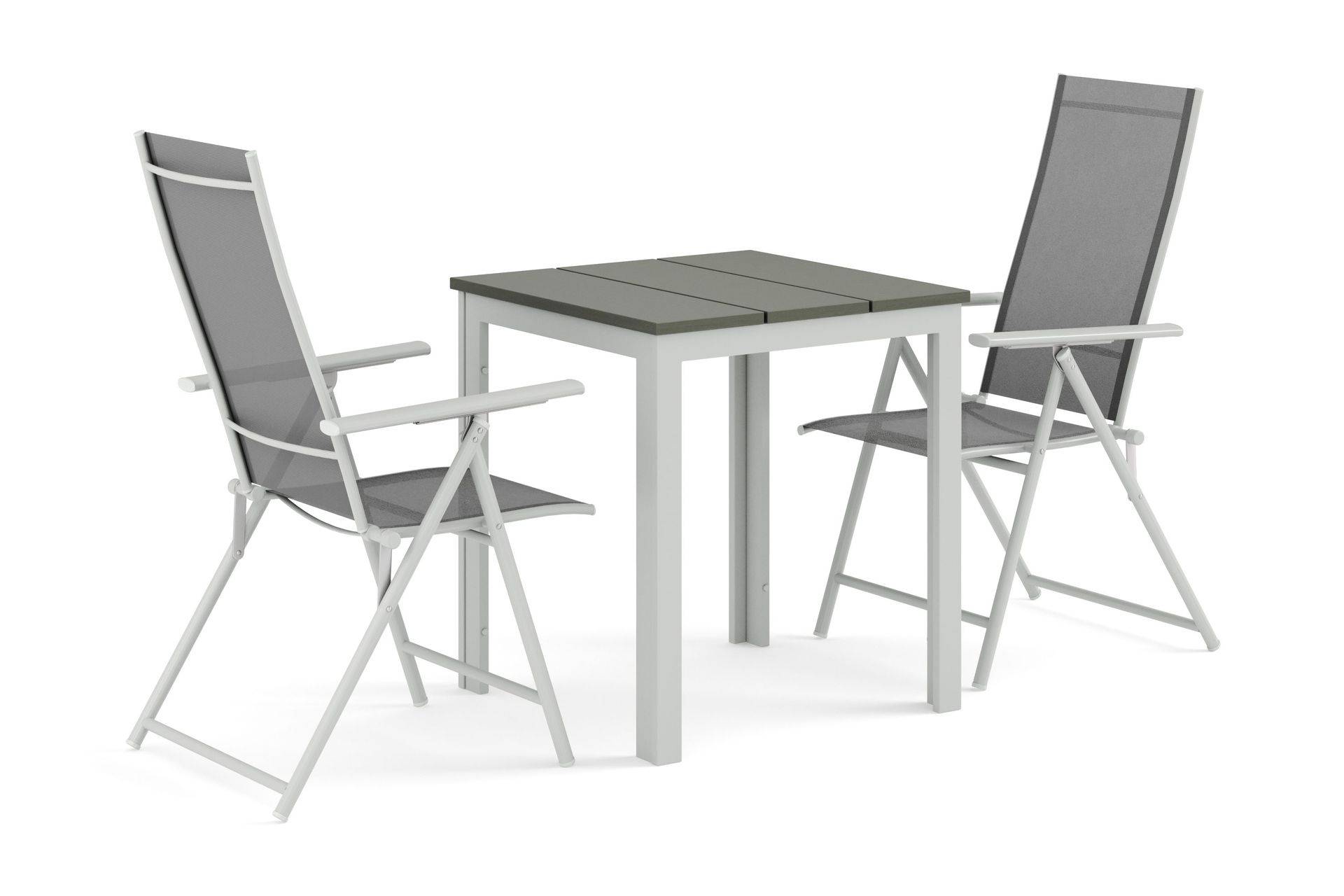 Tunis utomhus caféset 70x70 cm med 2 Sanna positionsstolar - Vit/Grå Cafegrupp & cafeset Comfort Garden
