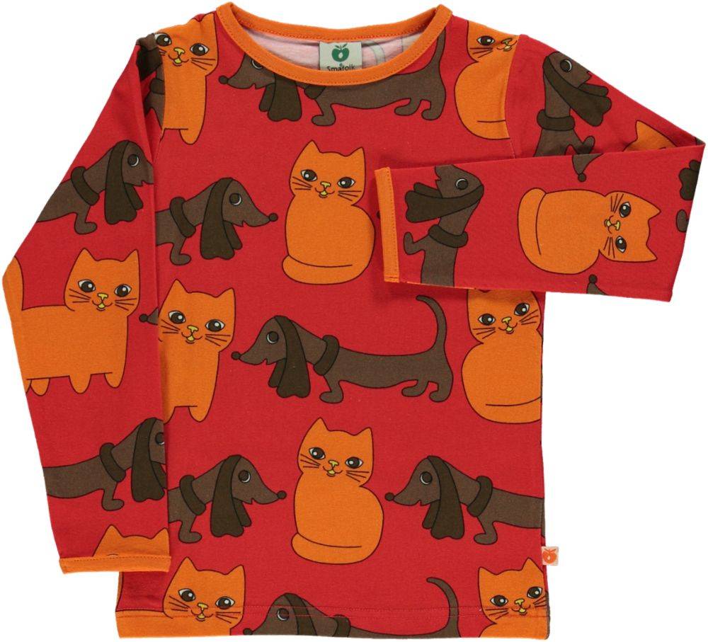 Langærmet bluse med katte og hunde - Red / 11-12