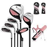 COSTWAY 6-delat set med golfklubbor för barn, högerhänta golfklubbor med golfväska och regnhuva, komplett golfset inkl. 7/9/S järn, 1 driver, 4 hybrid och putter för 11–13 år barn (rosa)