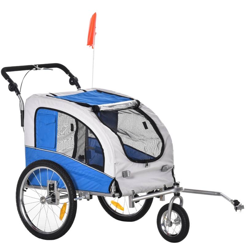 2i1 cykelvagn/joggingvagn för hund vit/blå