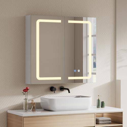 Warmiehomy LED-Badezimmerschrank 65x60 cm Spiegelschrank Bad mit Beleuchtung, Smart Touch-Dimmer mit 3 Lichtfarben einstellbar, Steckdose - Weiß, 2-türiges