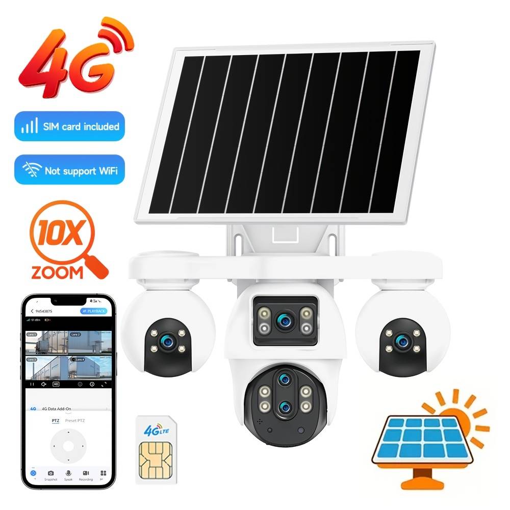 4g Solar Security Camera Outdoor Wireless No Wifi, 5-lens 10x Zoom 4 Separate , Built-in Sim Card Aov 24/7 Recording, Motion Tracking Night Vision, Voice, Supports Sd/cloud For Home