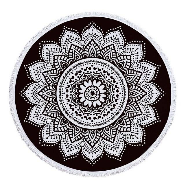 Indisk rund strandhandduk boho tofs mandala lotus blommig yoga gobeläng matta toalla vit svart filt och 150cm - 3