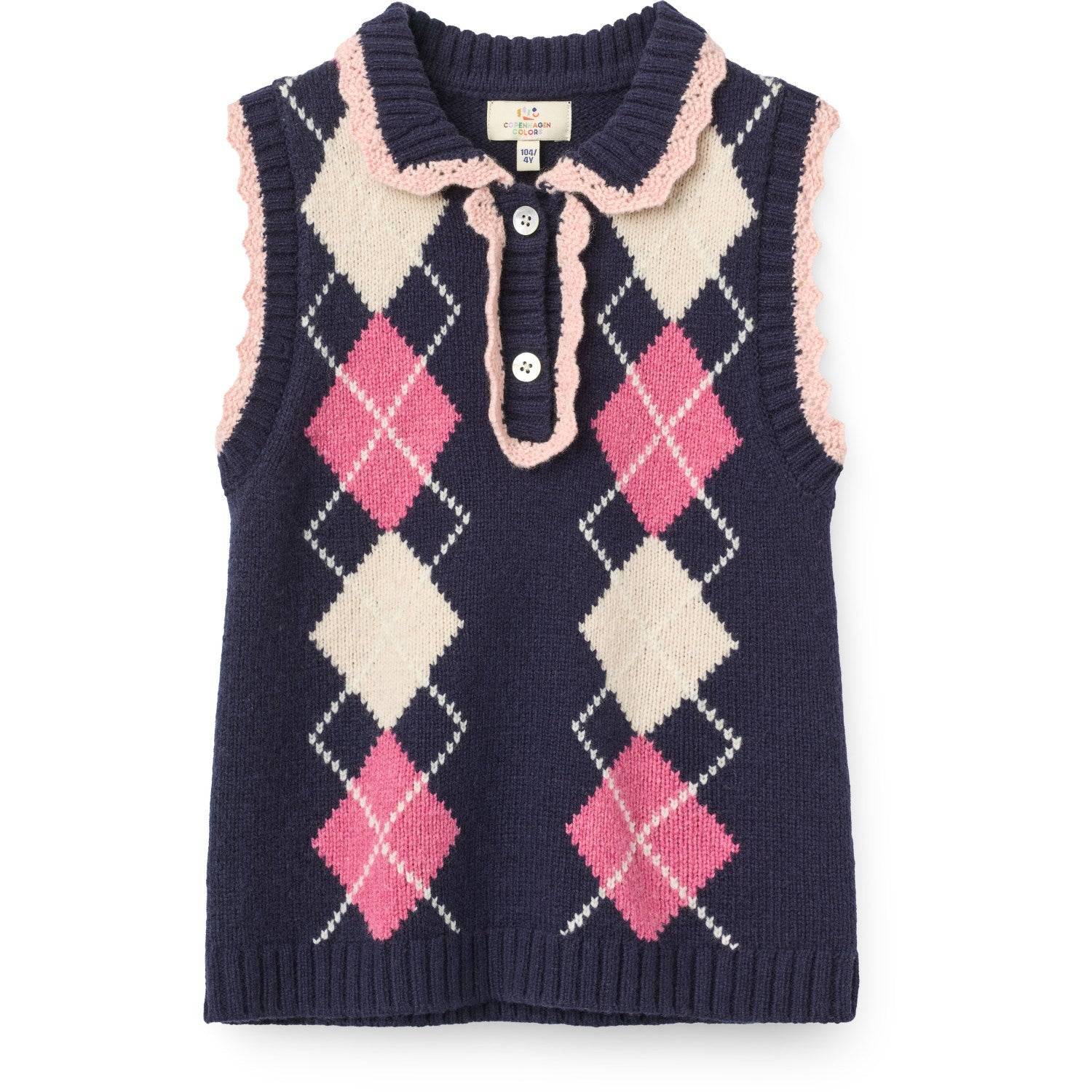COPENHAGEN COLORS Navy/Soft Pink/Blossom Pink Comb. Argyle Vest M/ Deco Str. 140
