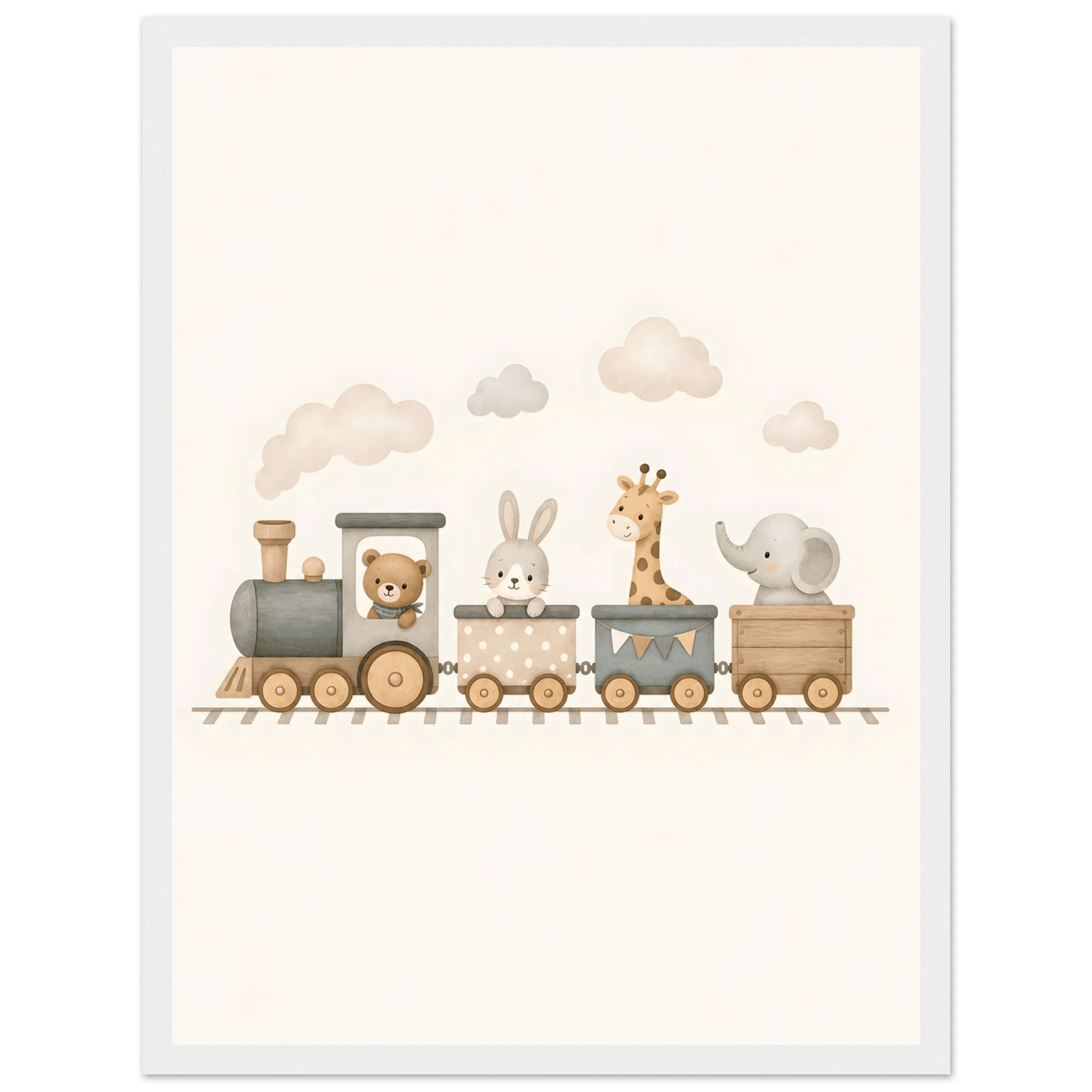 Djur i tåg barnposter-30x40 cm / 12x16″ / Med ram / Vit