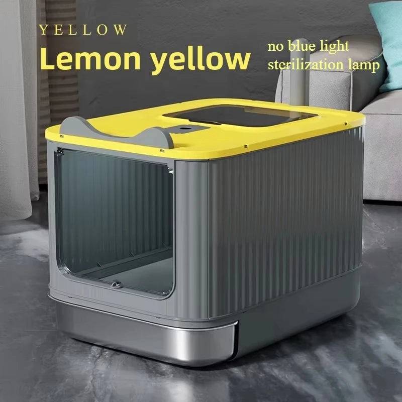 XXL Stainless Steel Enclosed Self-Cleaning Cat Litter Box — Anti-Splash Drawer in White, Yellow & Pink - yellow