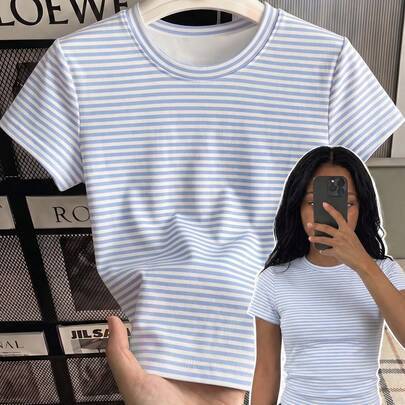 Vintage blå- och vitrandig avslappnad outfit för tweenflicka, slim fit casual mångsidig basic, bekväm långlinje-t-shirt med rund hals, åtsittande kort - Multifärgad (7Y,8Y,9Y,10Y,11Y,12Y,13Y)