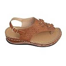 Läder-Slingback damer med klack – spännpumps damer breda H barfota sandaler blommor med spännen sommar sandaler öppna bekväma sandaler chic platåsandaler/kilsandaletter, kaki, 38 EU