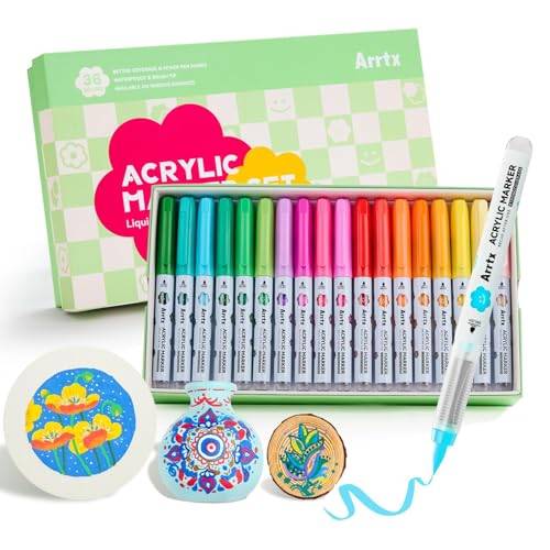 Arrtx 36 akrylpennor, akrylfärgpennor för sten, akrylpenna, akrylmarkör, vattentät färgmarkör, konstmaterial för glas, ägg, trä, kreativ fritid