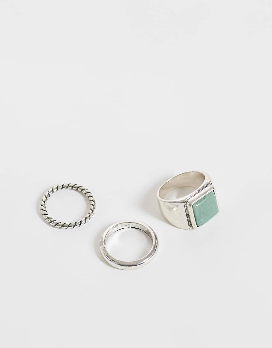 Reclaimed Vintage unisex silver 3-pack ringar med grön sten
