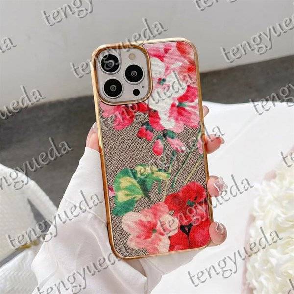 Fashion Designer Geranium Flower Leather Phone Cases for iPhone 17 Series 16 15 15pro 14 14pro 14plus 13 12 mini 11 pro max Luxury Electroplated Fra