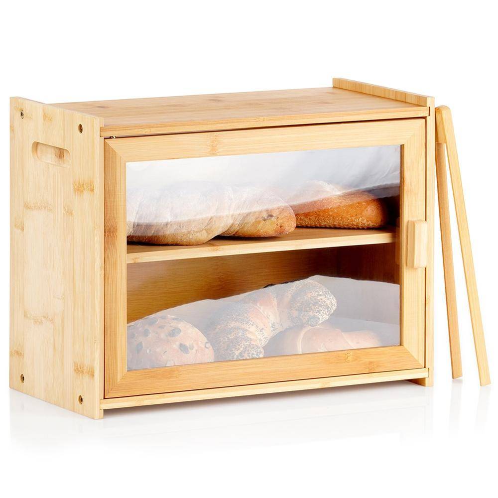 Bamboo Wooden Bread Bin Two-Tier Bread Container
