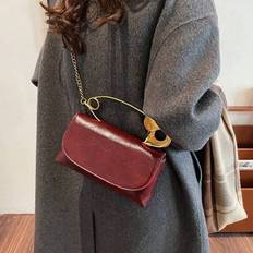 Retro Burgundy Color Shoulder Bag, Unique Large Brooch Handbag, Burgundy Versatile Crossbody Bag For Women, Suitable For Daily Office Use, Fashionable - Burgundy