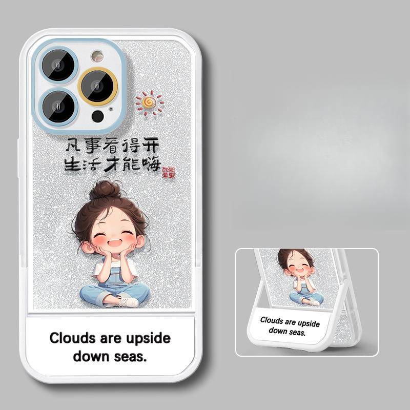 Cross-legged Girl Suitable for 16promax IPhone Case Iphone15 Invisible Bracket 14 Flashing Powder 13 Cute 12 Redmi K70/K70 Pro