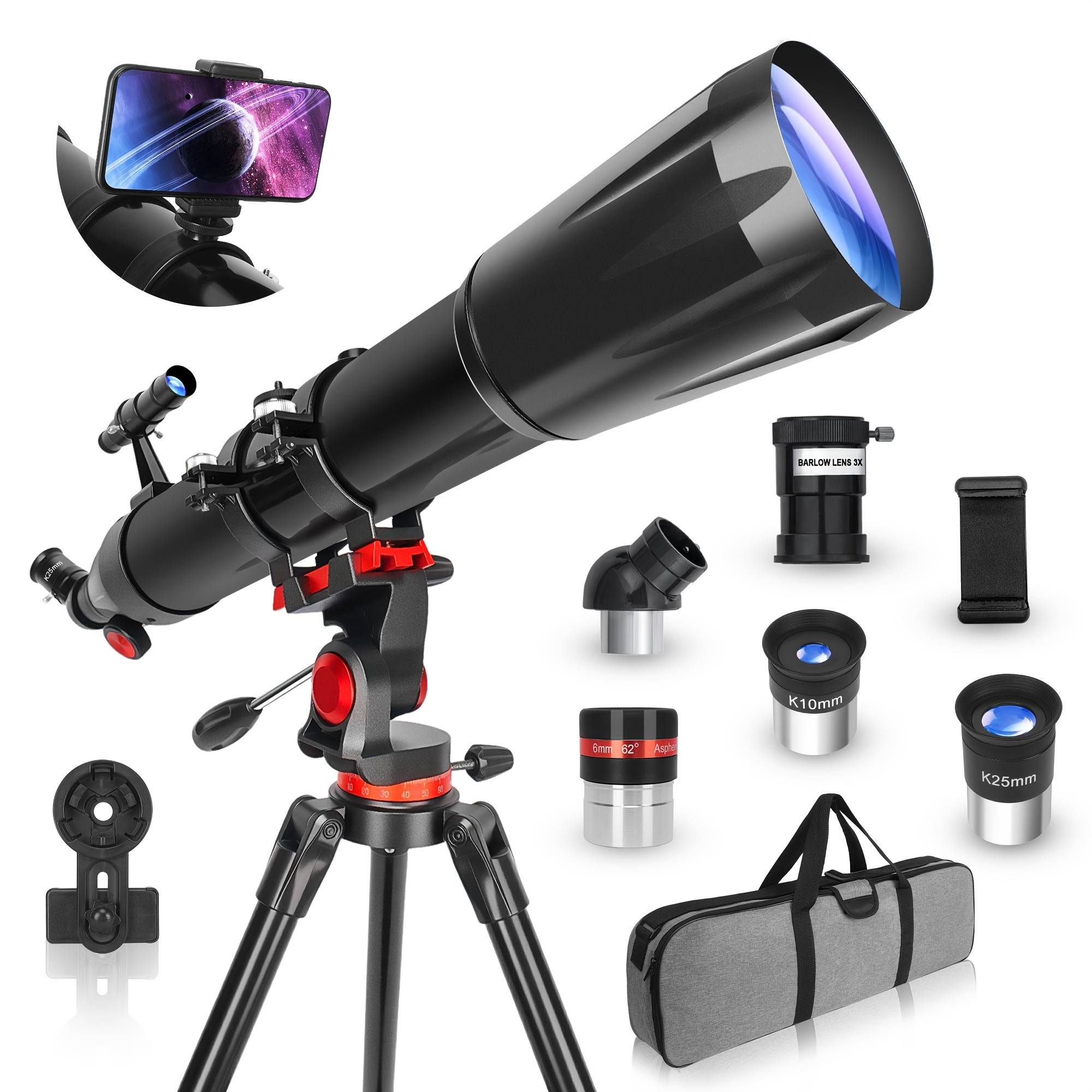 90mm Refractor Astronomical Telescope, 900mm Length, Includes Stainless Steel Tripod, Phone Adapter And Carry Bag, Suitable For Adults And Beginners