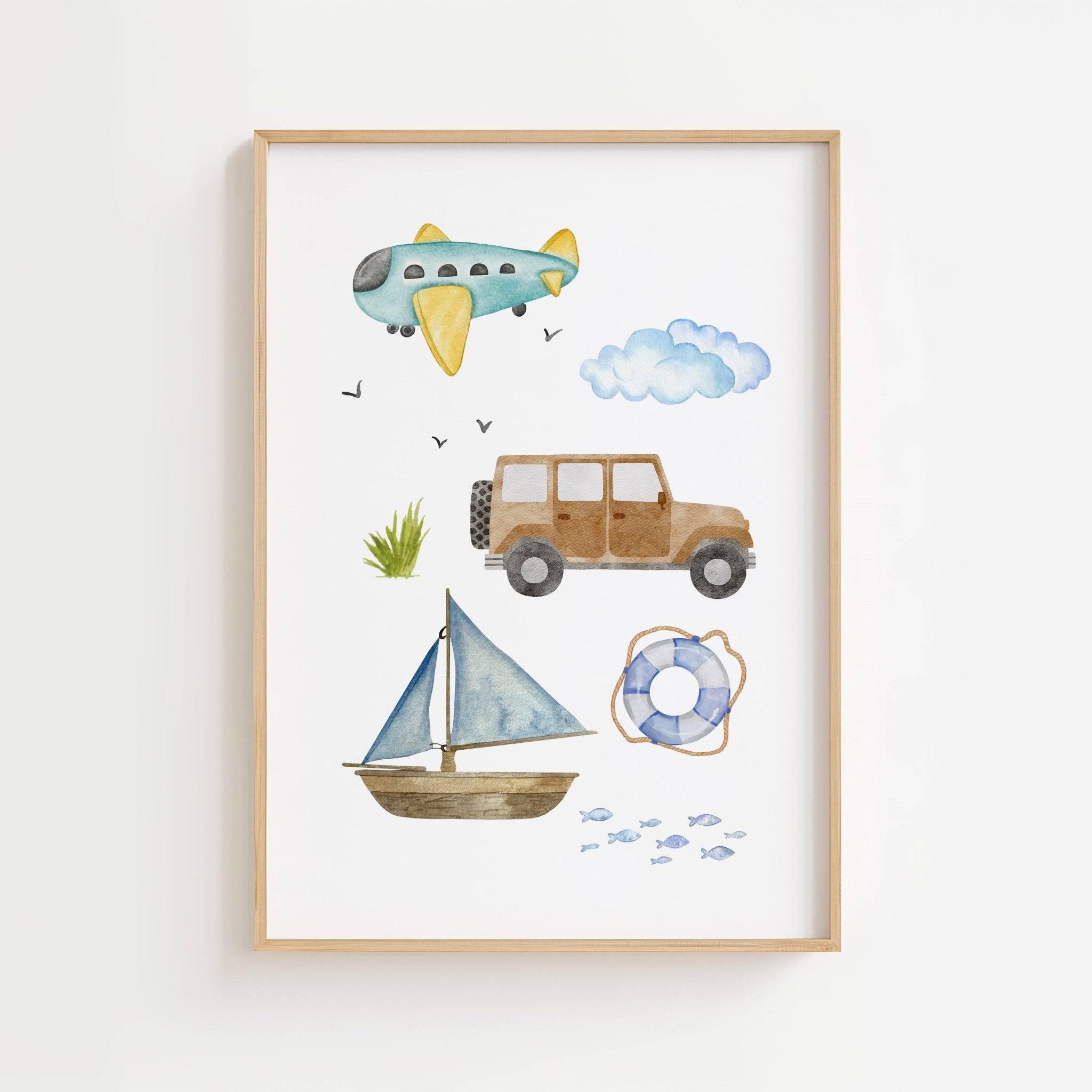 Flygplan bil och båt poster-21x29.7 cm / 8x12" / Premium Matte Paper Wooden Framed Poster / Black frame