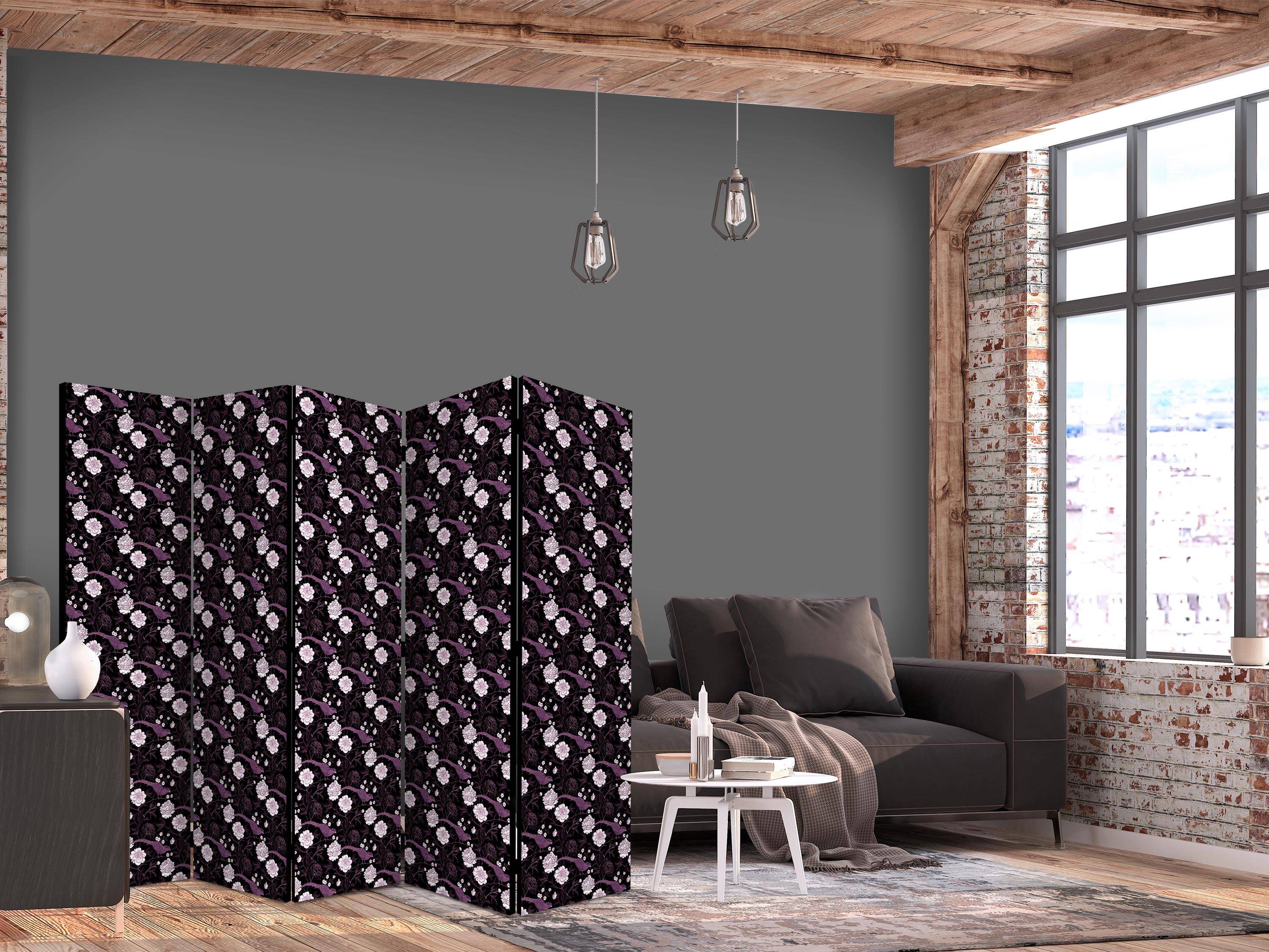 Skærmvæg med blomster og fasaner - lilla, 5 paneler - 225 x 172 cm - Akustik