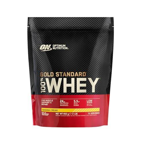 ON Gold Standard 100% Whey för muskelbyggnad och återhämtning, proteinpulver med låg sockerhalt och naturligt förekommande glutamin och BCAA-aminosyror, Banana Cream-smak, 15 portioner, 450 g