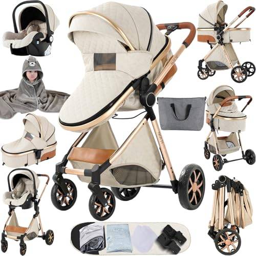 MoLi Barnvagn 3-i-1, vändbart dubbelskjutläge, stort babybadkar, kombibarnvagn, 3-i-1-ram, aluminiumlegering vikbar, högt landskap (Creamy White)