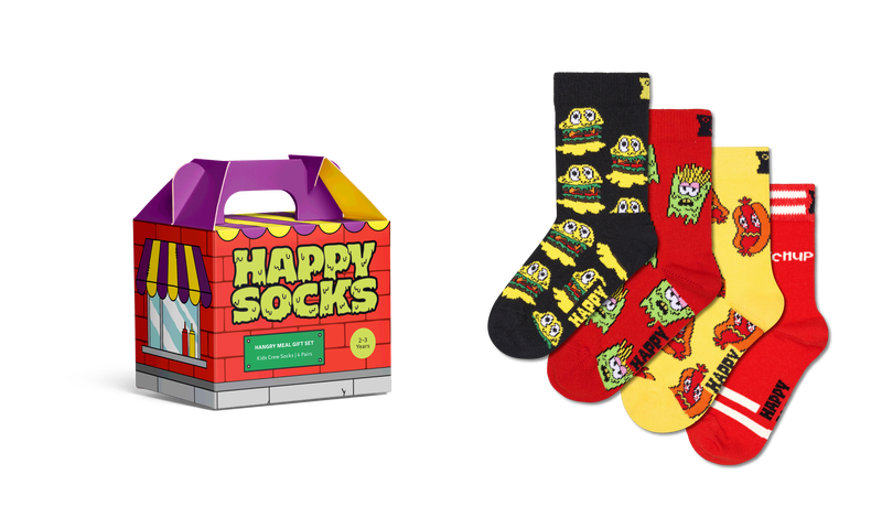 Fun Cartoon Food Print Kids Socks 4-Pack Gift Set - Red, Yellow, Light Green, Black (12-24 Months)