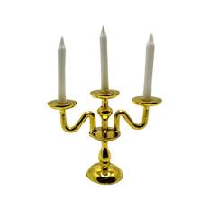 Miniatyr – Guldig ljusstake, ljushållare med ljus i guld för dockhus