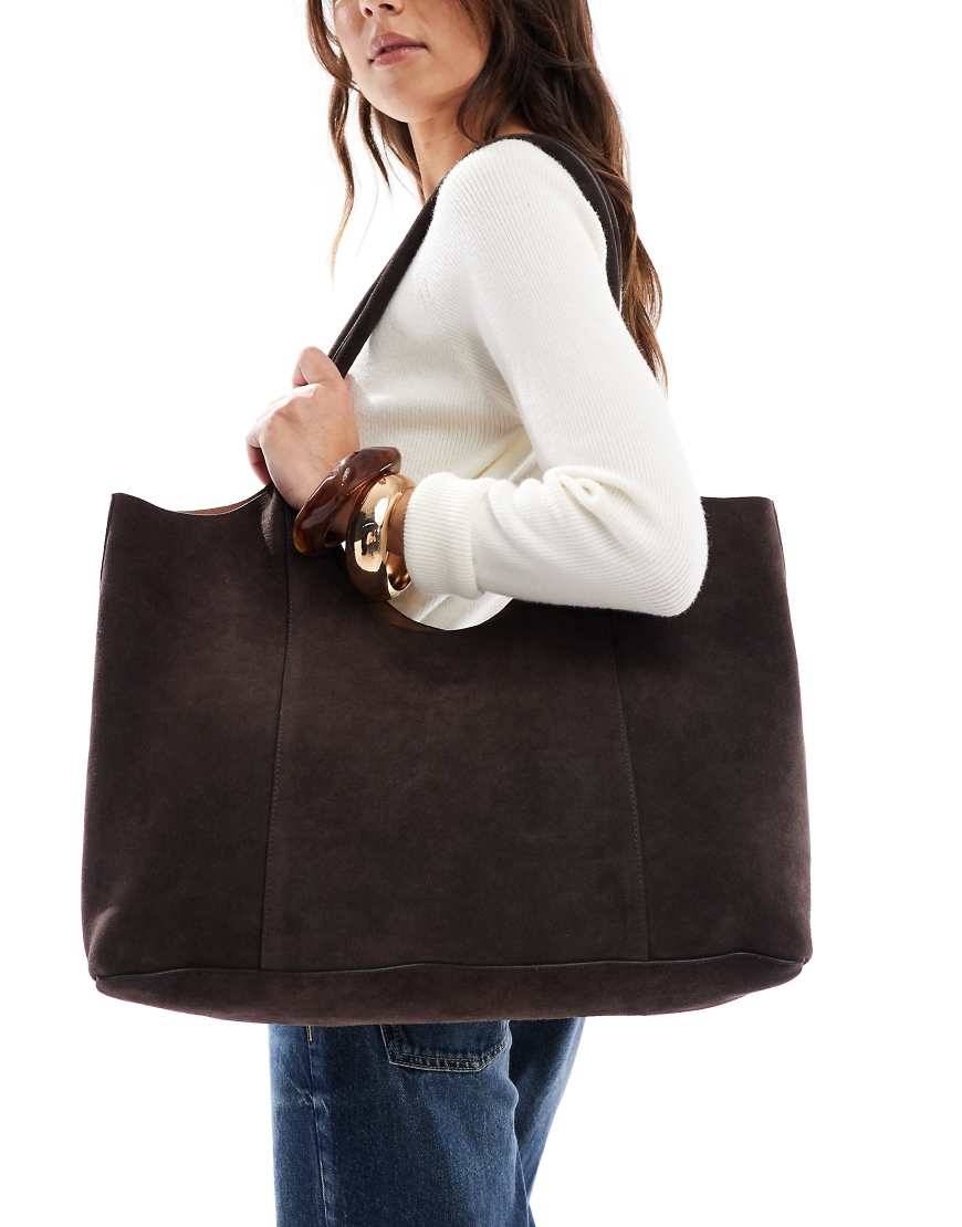 ASOS DESIGN - Premium - Chokoladebrun tote med dybt rundt design i bonded ruskind-Brown - No Size