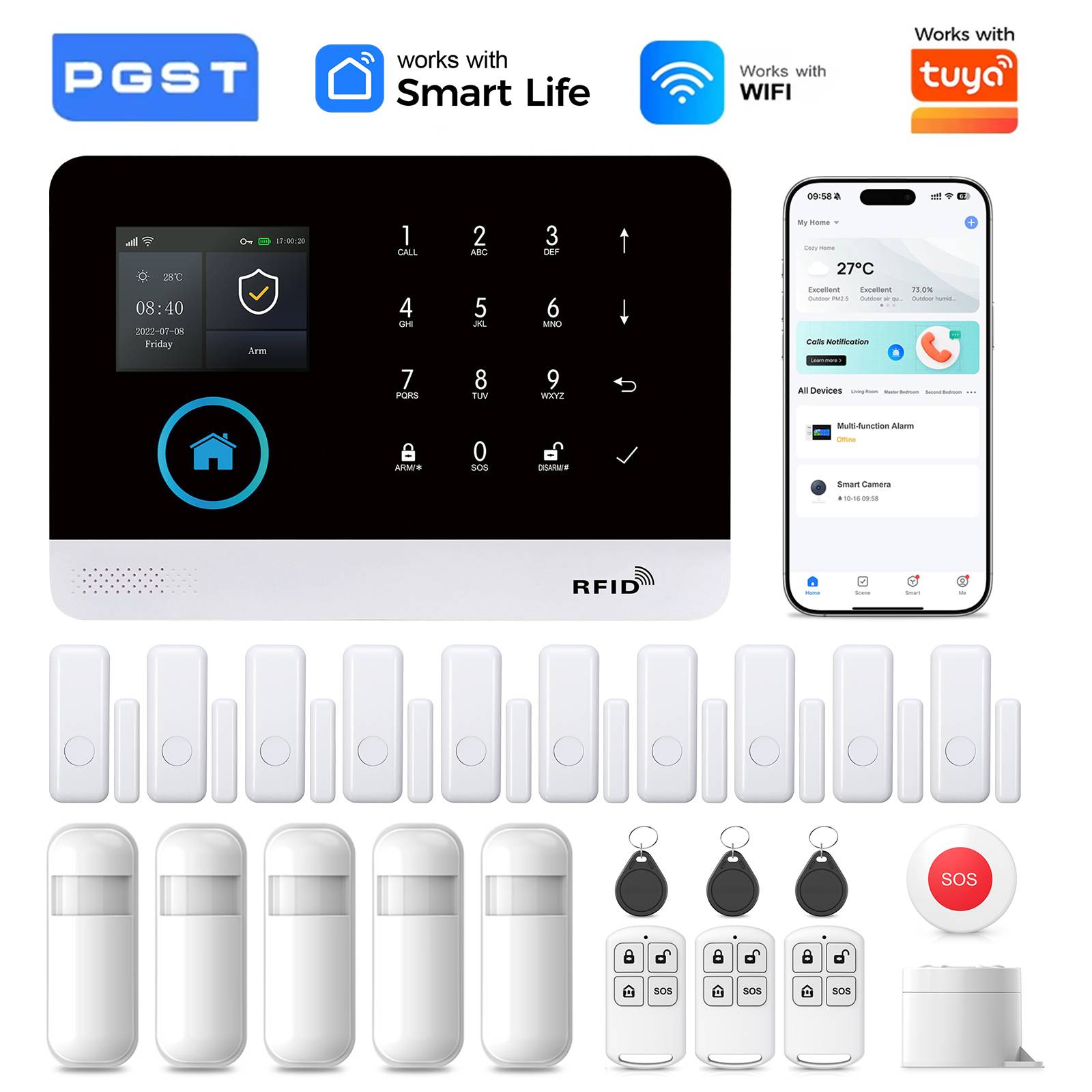 PGST Alarm System for Home WIFI Security Alarm Host Ant-theft with Door Motion Sensor Work with Tuya Control Work with Alexa