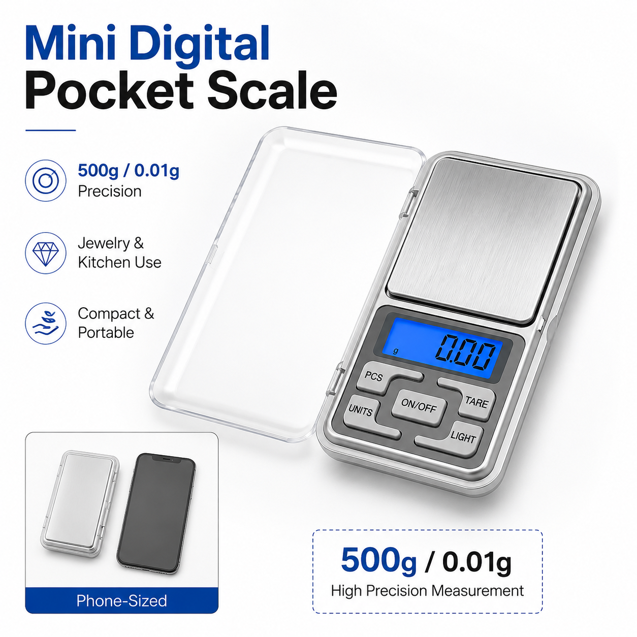 1/2Pcs 500g/0.01g Digital Pocket Scale, High Precision Mini Jewelry Scale with LCD Display, Portable Gram Weighing Tool for Home