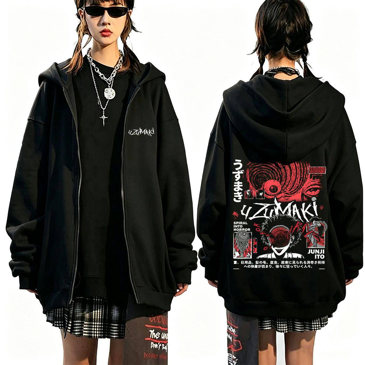 Japanese Vintage Horror Anime Junji Ito Uzumaki Zipper Hoodie Autumn Winter Men Women 90s Manga Vintage Oversized Zip Up Jacket cm