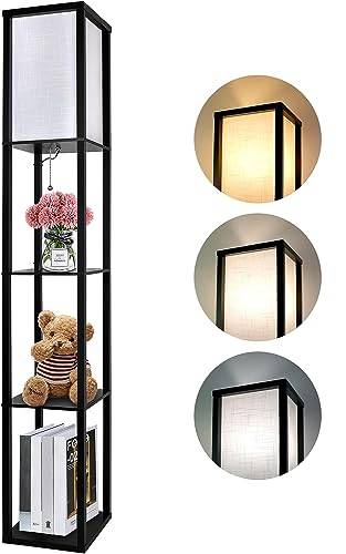Aimosen LED-golvlampa tillverkad av trä, 1,62 m med 3 trähyllor, 3 färgtemperaturer sänglampa med lampskärmar för sovrum, vardagsrum, kontor och hörn