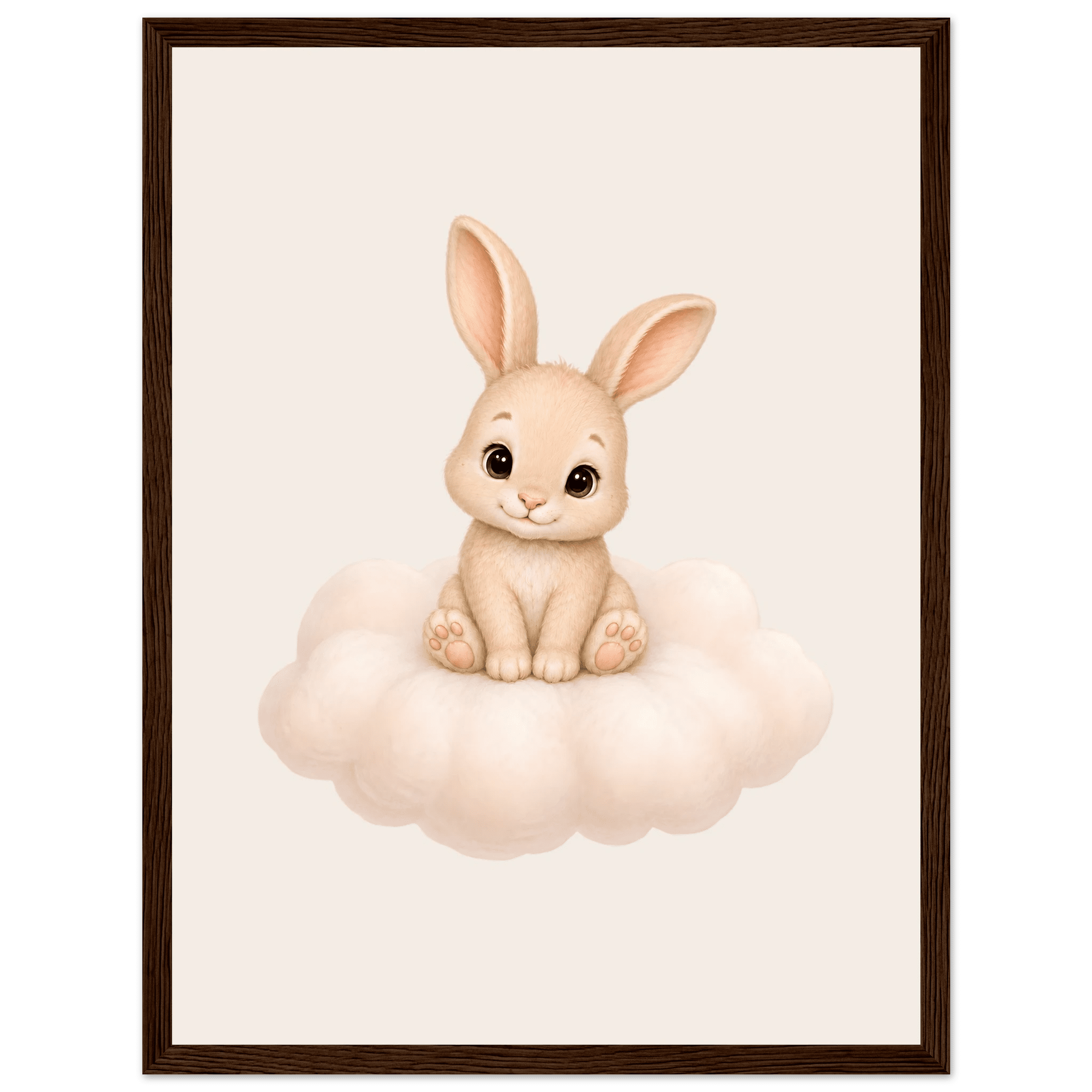 Söt kanin på moln poster-30x40 cm / 12x16″ / Med ram / Mörkt trä