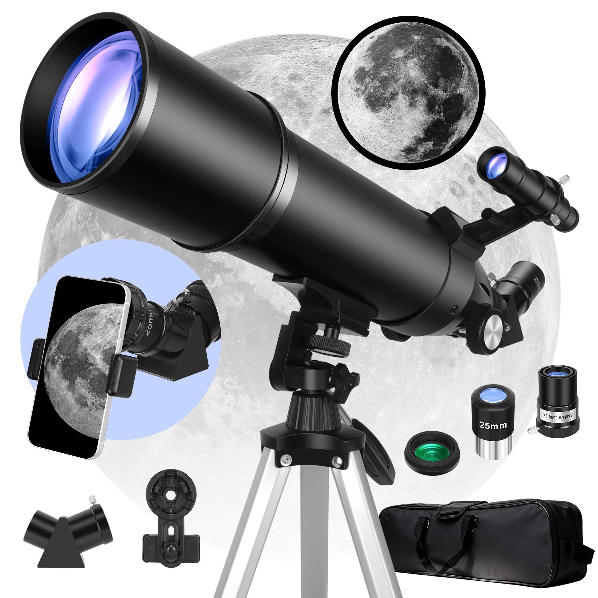 80mm Aperture 600mm Focal Length Refractor Astronomical Telescope, Suitable for Adults and Beginners, 180X Magnification, Comes with a Tripod, Phone Holder, and Storage Bag