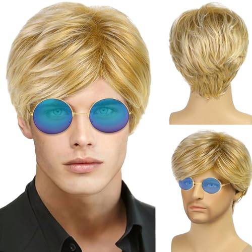 TSHAOUN Blond Män Peruk Människor Syntetisk Manlig Syntetisk Naturlig Vågor Kort Skikt Kort Sida Rand Peruk 70-tal 80-tals Cosplay Halloween (Blond)